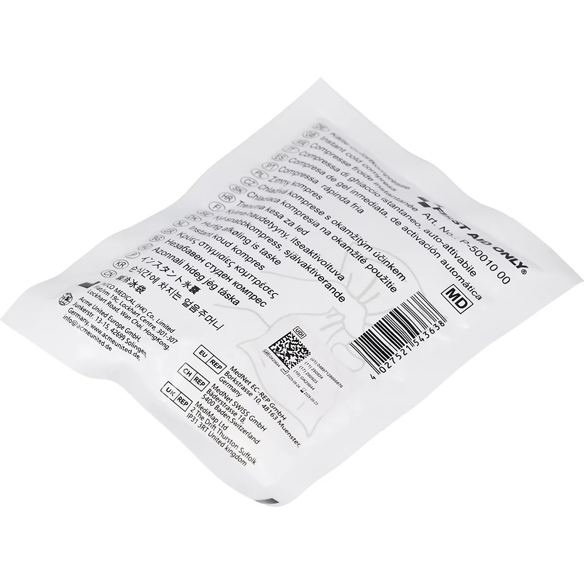 Witte verpakking van een instant koud compres met meertalige tekst, barcode en medische symbolen.
