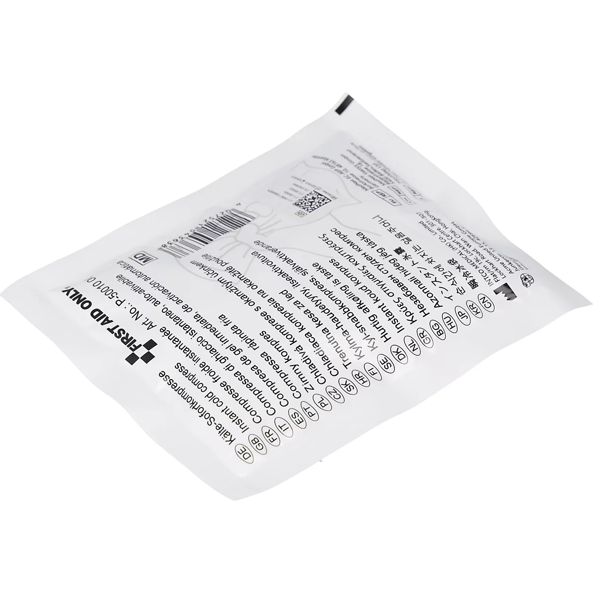 Witte instant koudedrukverband in folieverpakking met meertalige productnaam en eerstehulp-logo.