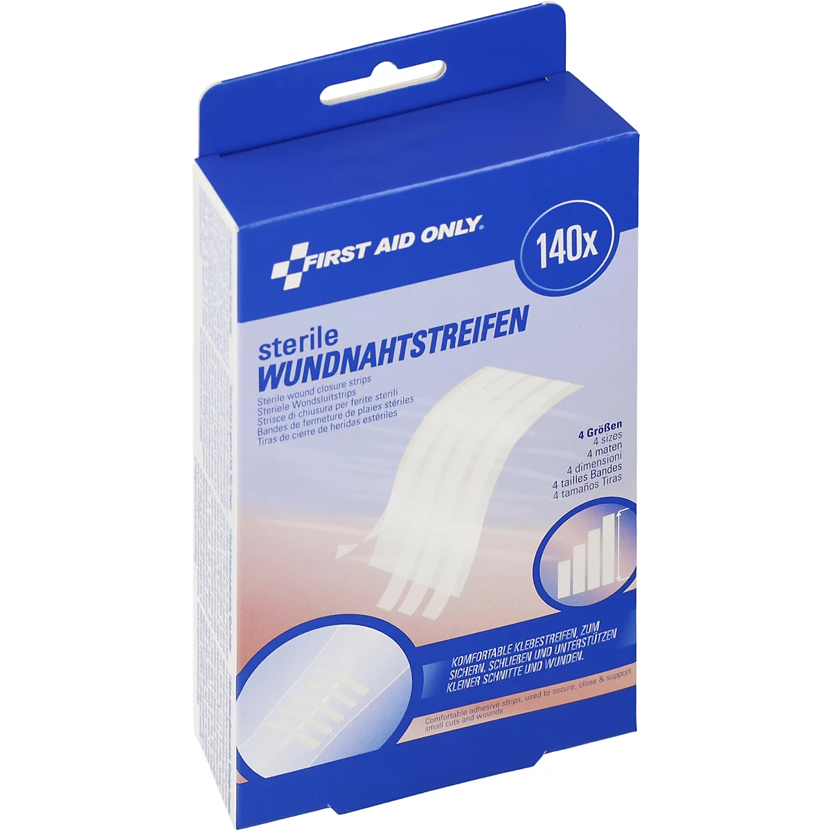 Blaue Produktverpackung mit 140 sterilen Wundnahtstreifen der Marke First Aid Only.