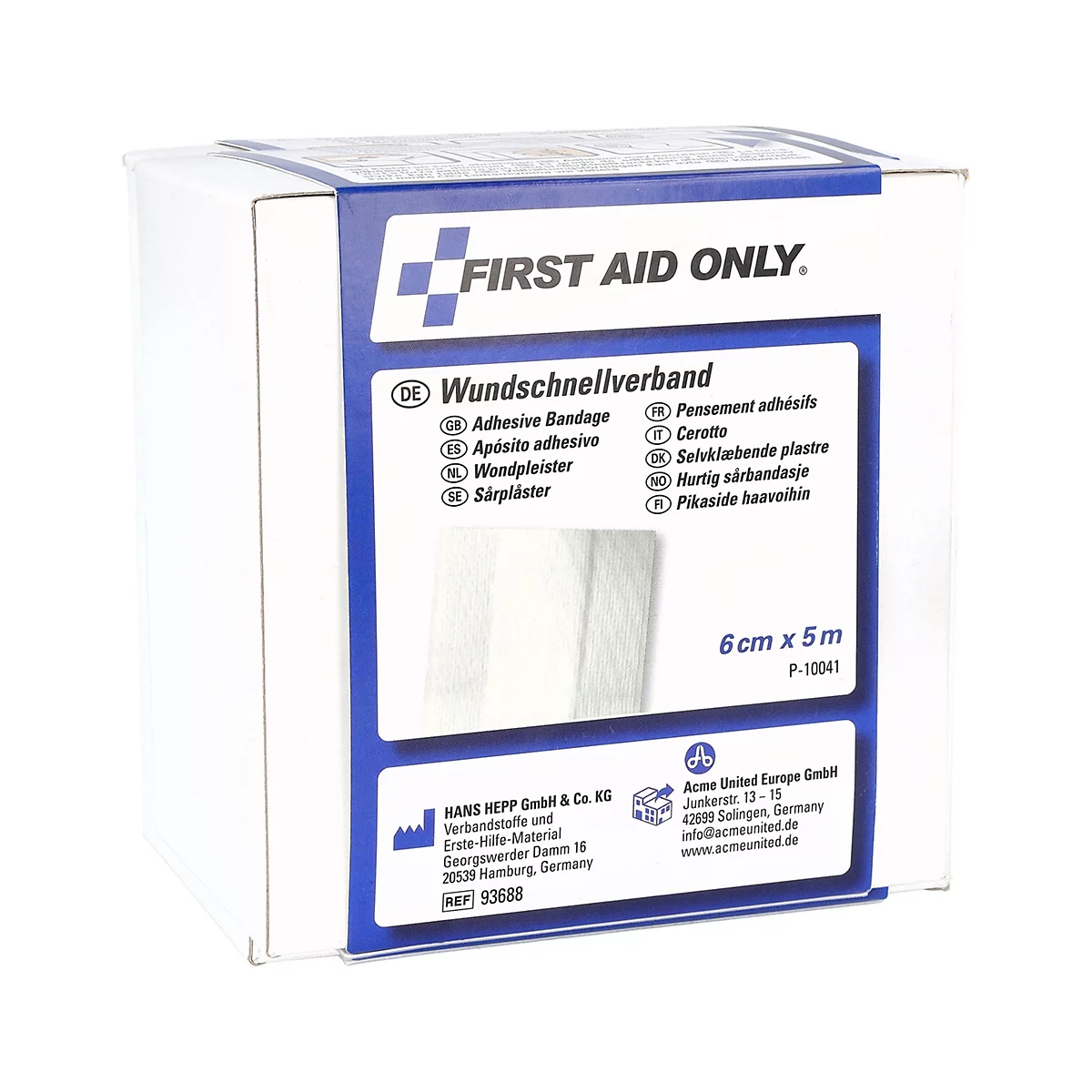 Weiße Pappschachtel von First Aid Only mit blauem Aufdruck für Wundschnellverband, Maße 6cm x 5m.