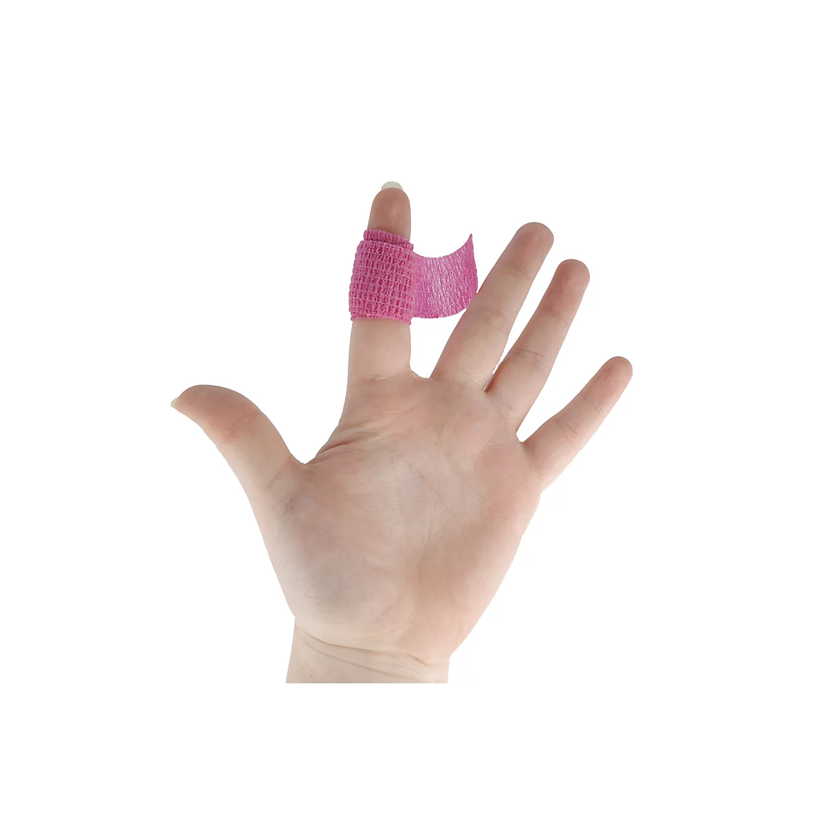 Hand met een roze, zelfklevend vingerverband om de middelvinger.