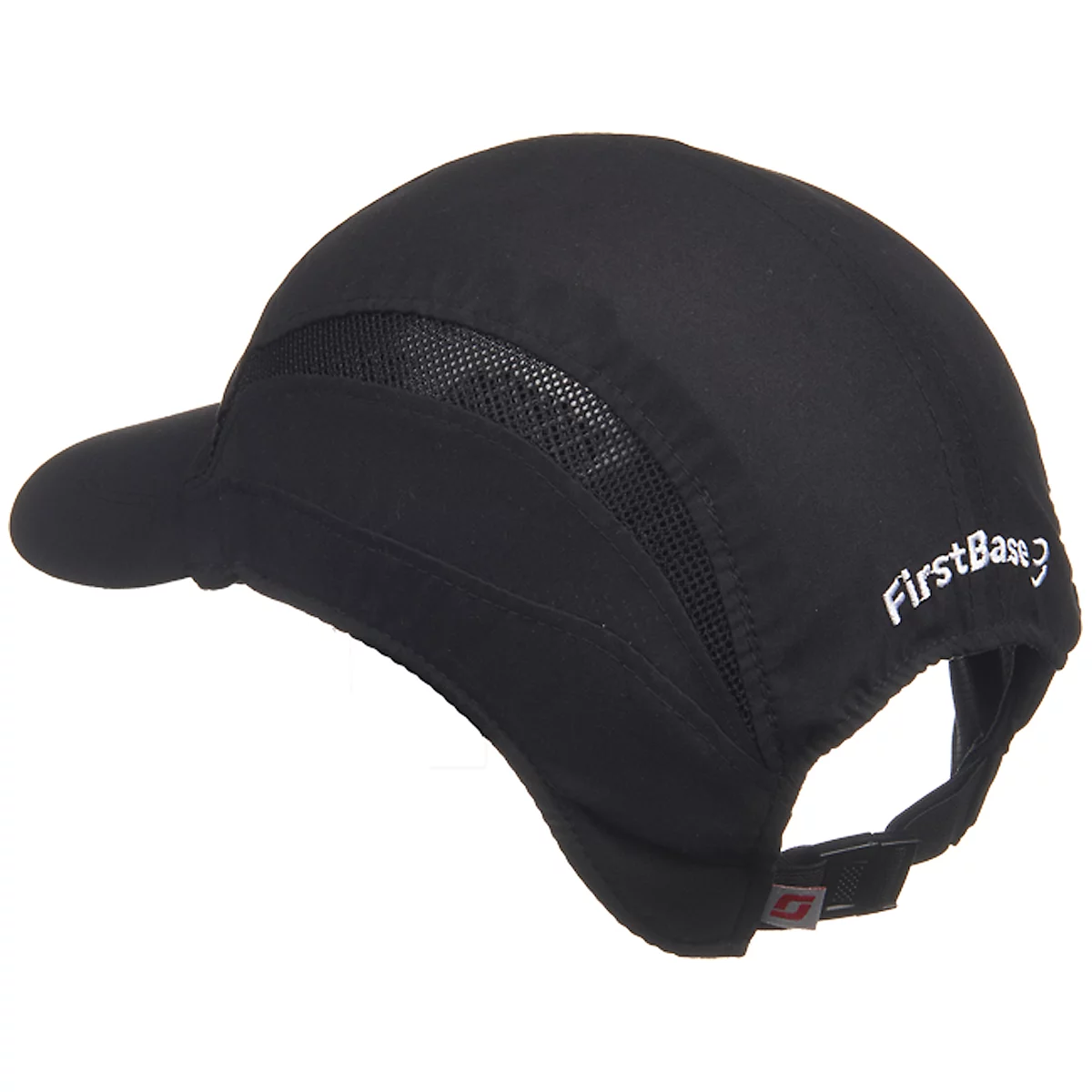 Black running cap, side view. Mesh insert, visor, 'FirstBase3' lettering. Adjustable strap.