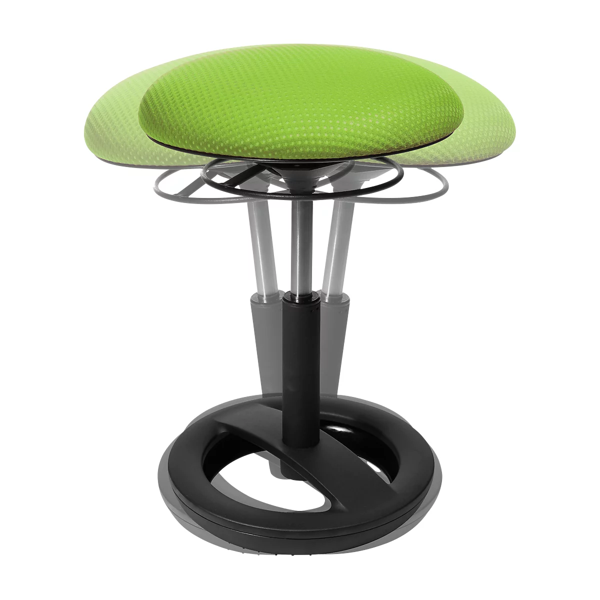 An adjustable stool with a green seat and black frame.