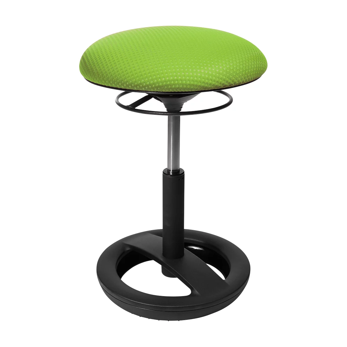 Ergonomic standing stool with green seat and black base.