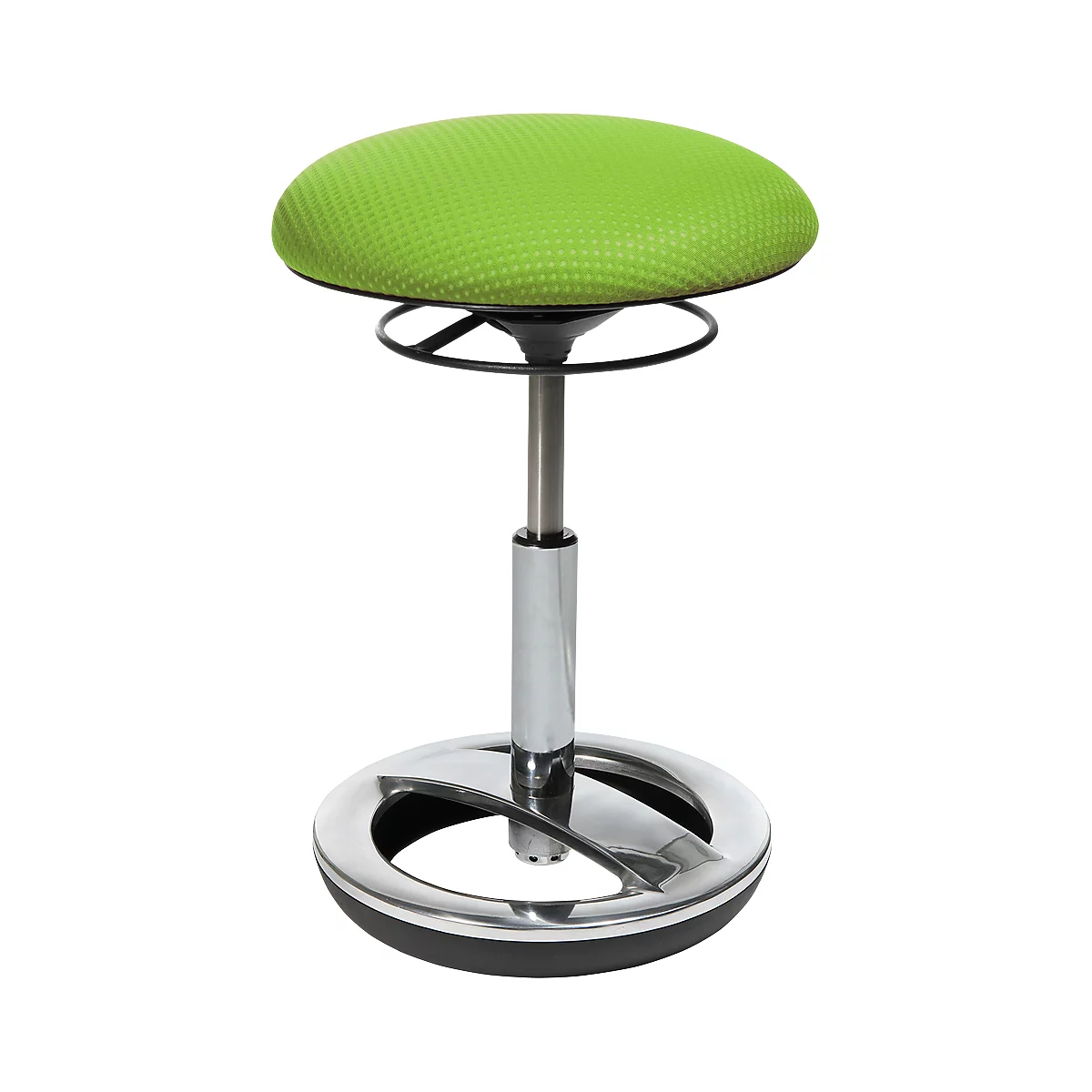 Height-adjustable stool with green, dotted seat and chrome frame.