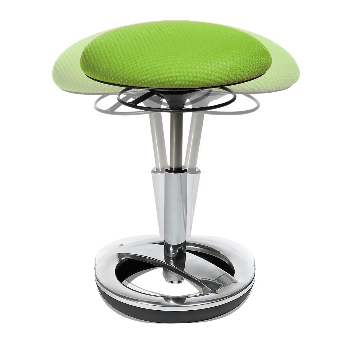 An adjustable stool with a green seat on a silver frame.