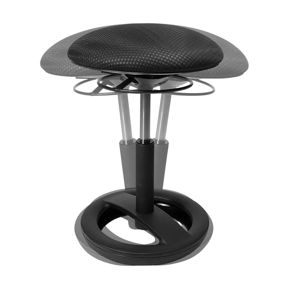 A black, round office chair without a backrest; fabric seat, on a pillar with a foot ring.