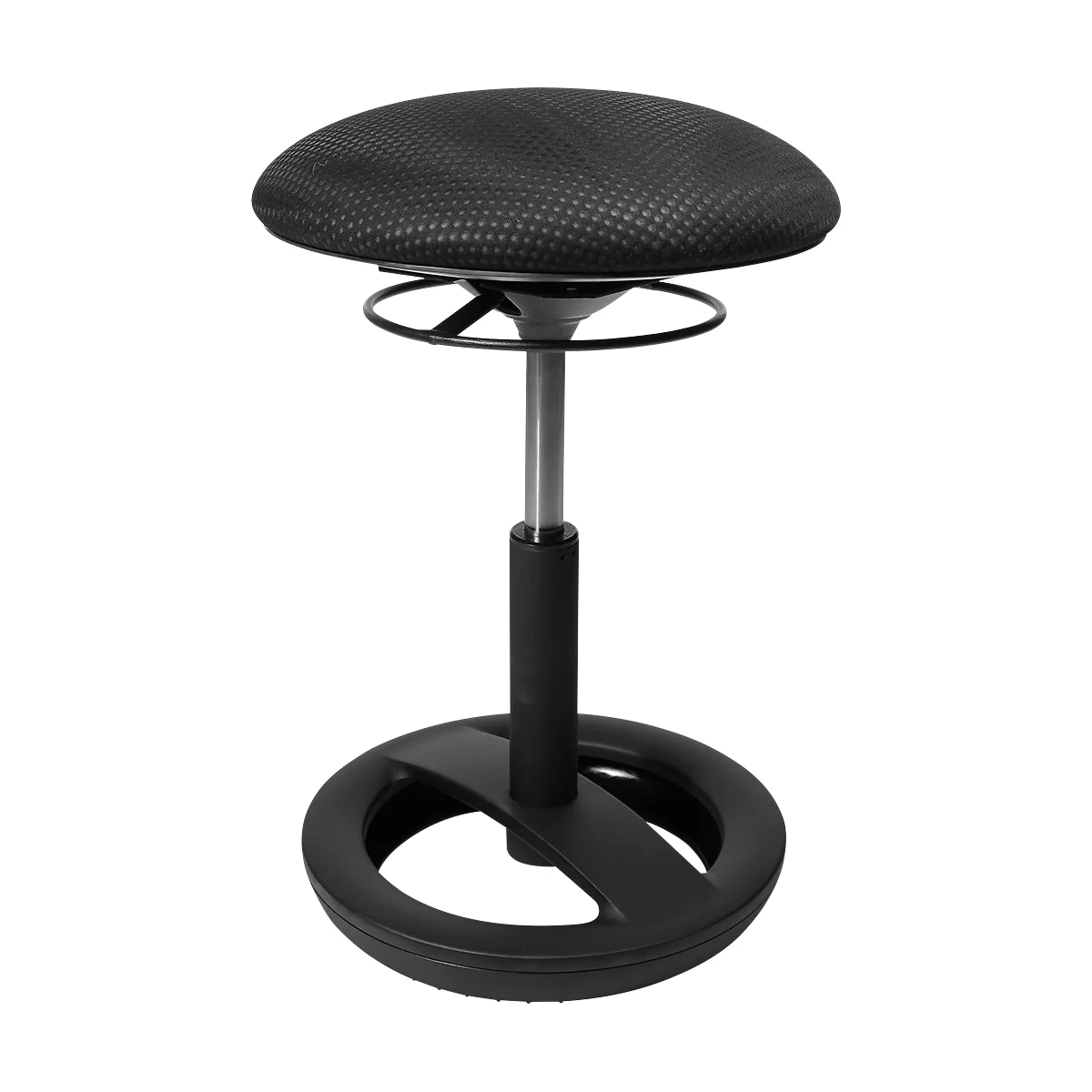 Black standing stool with round seat, metal frame and base.