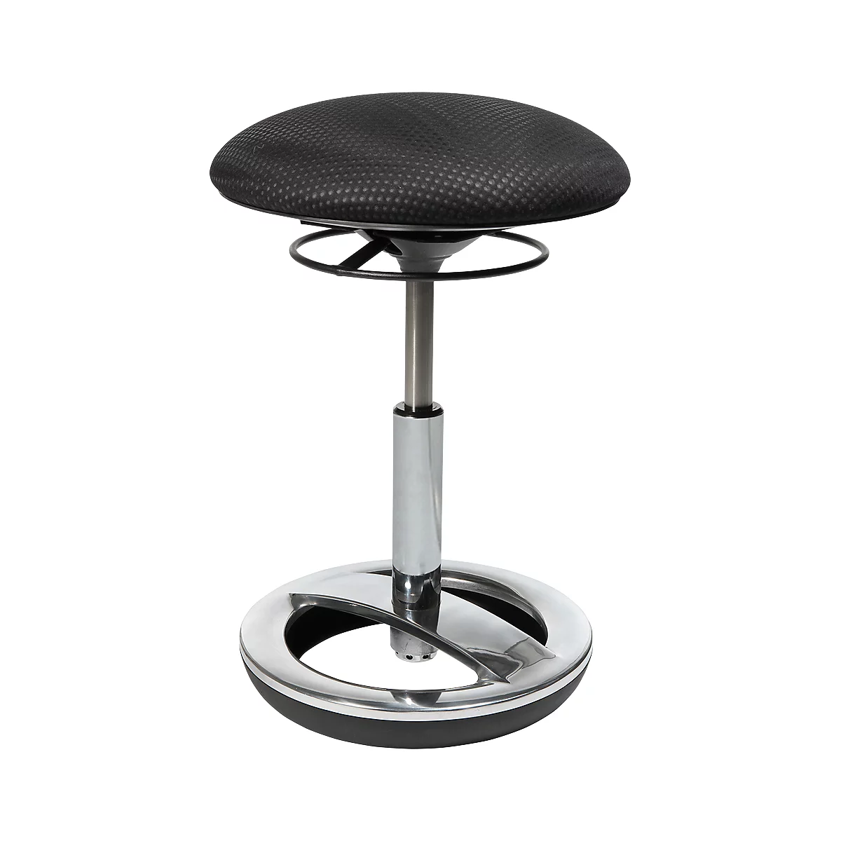 Stool with black padded seat, silver center post and base.