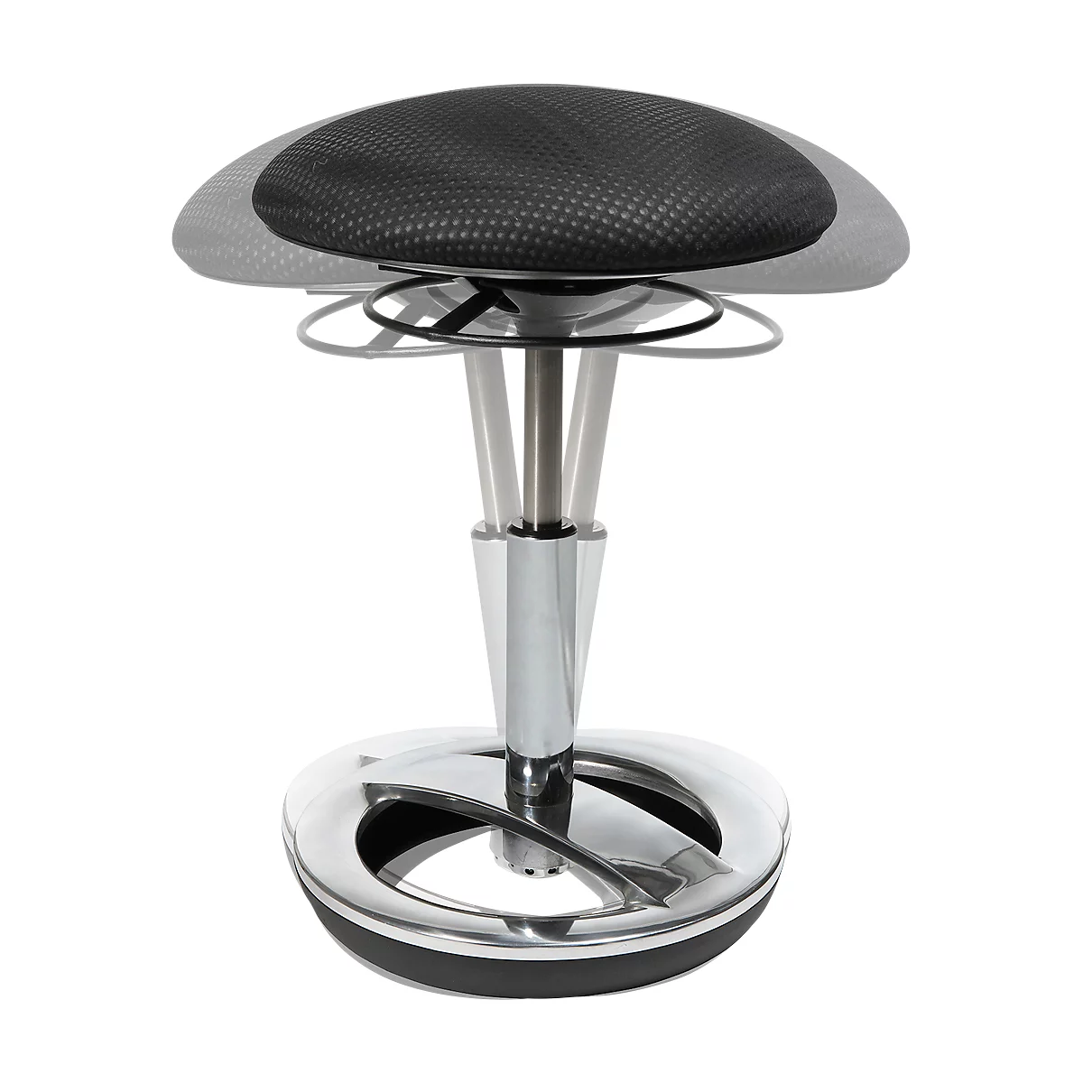 An adjustable stool with a black mesh seat and silver frame. The stool stands on a round, silver base.