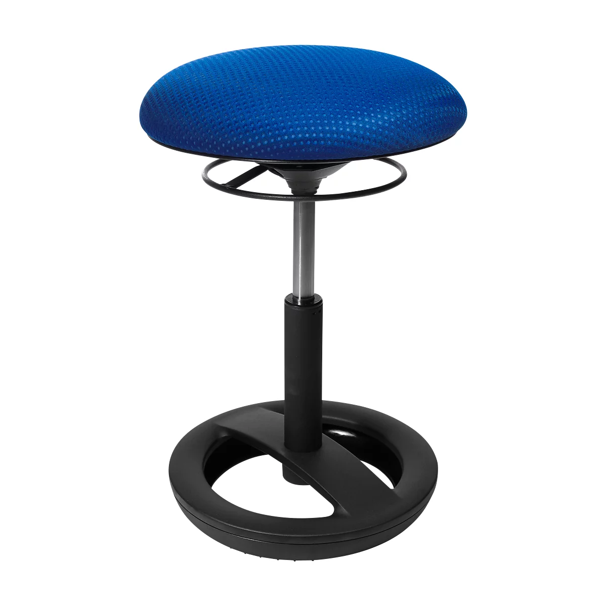Blue standing stool with black base and pole. The seat is round and cushioned. The stool is height adjustable.