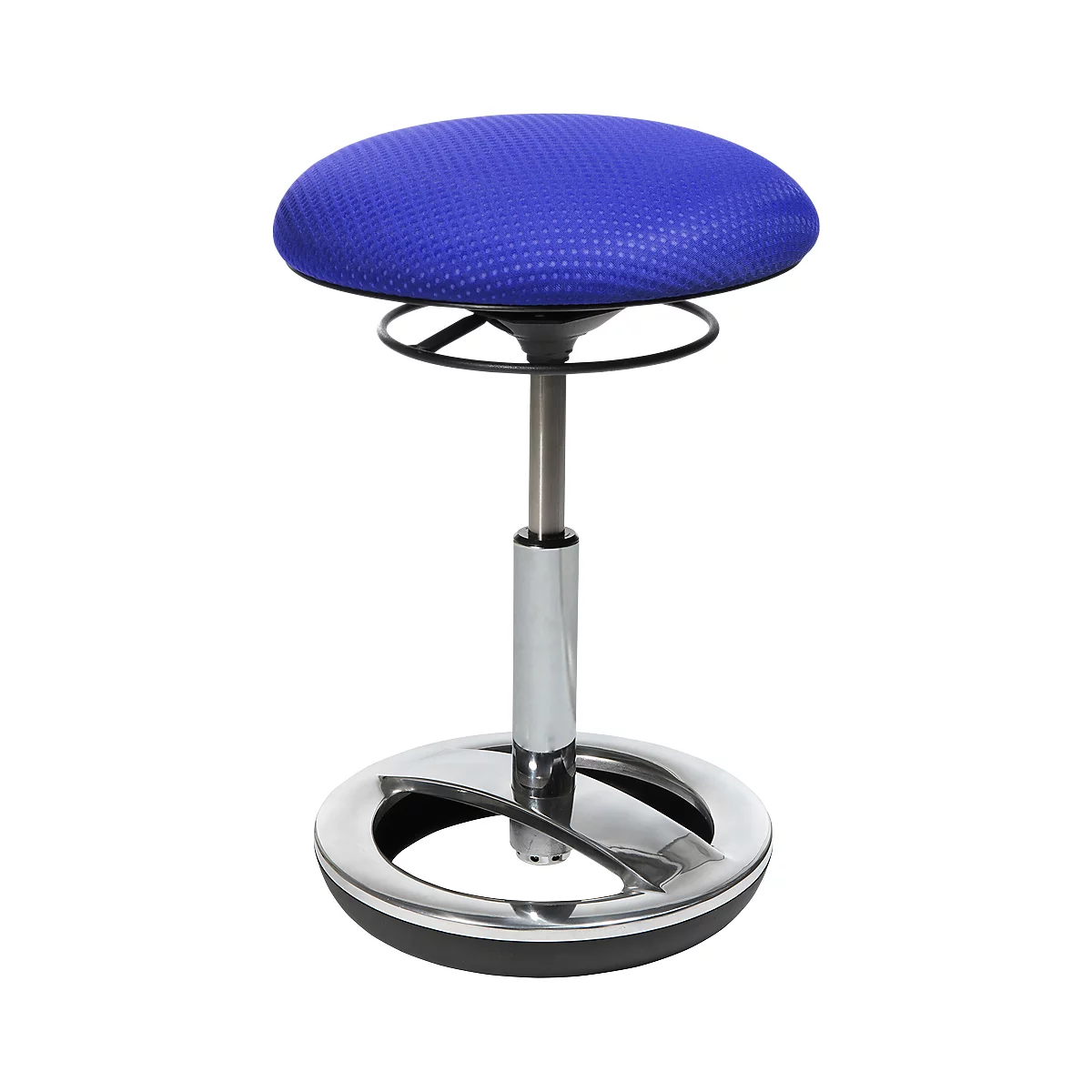 Blue standing stool, chrome frame, round seat.