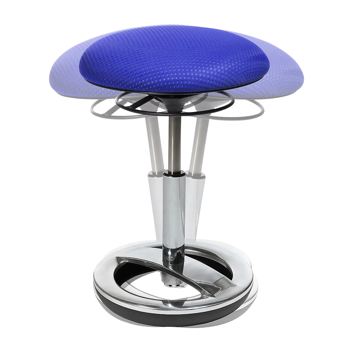 A standing stool with a blue seat and chrome frame. The seat appears to be moving.