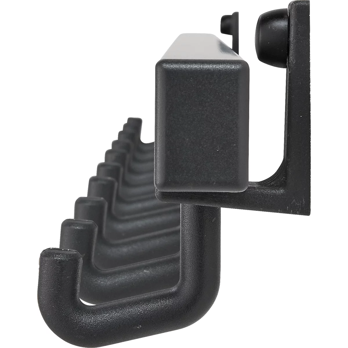 Organisateur de crochets noir avec plusieurs crochets.