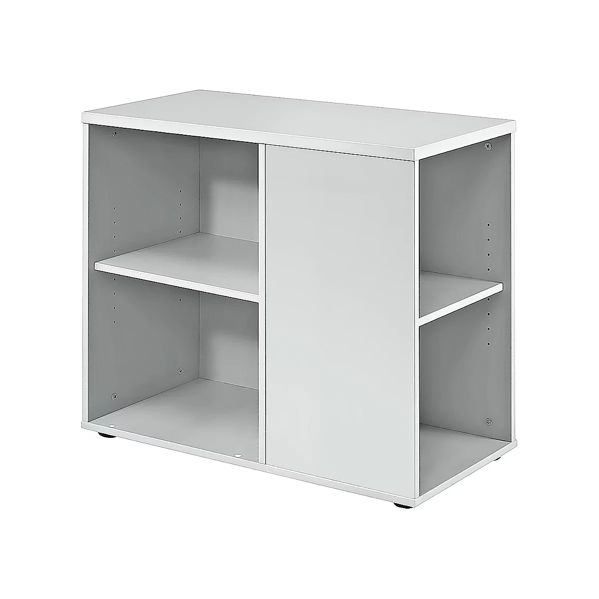 White side cabinet with sliding door. Two compartments, two shelves. A cabinet element with two compartments.