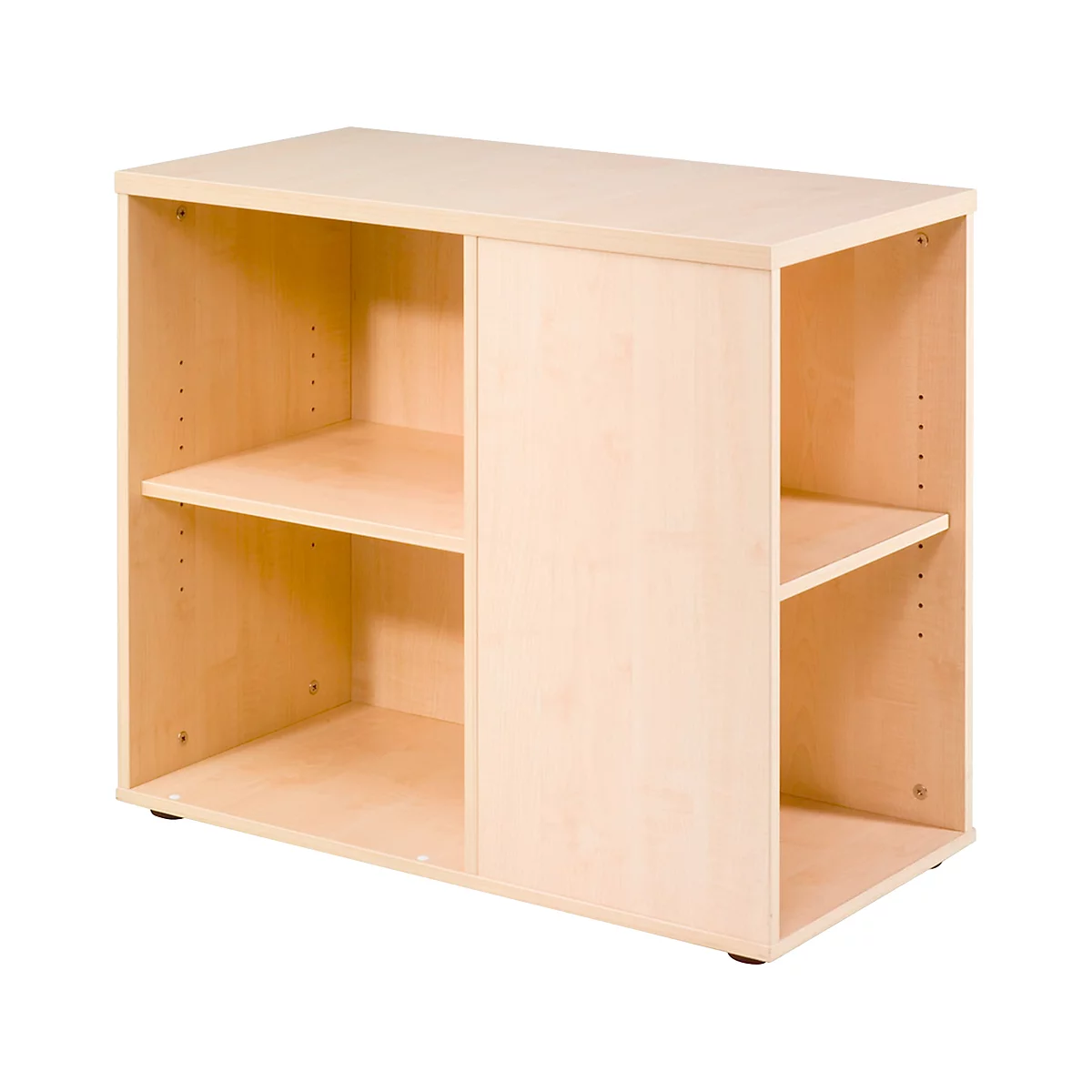 Light wooden cabinet with two open compartments and a sliding door.