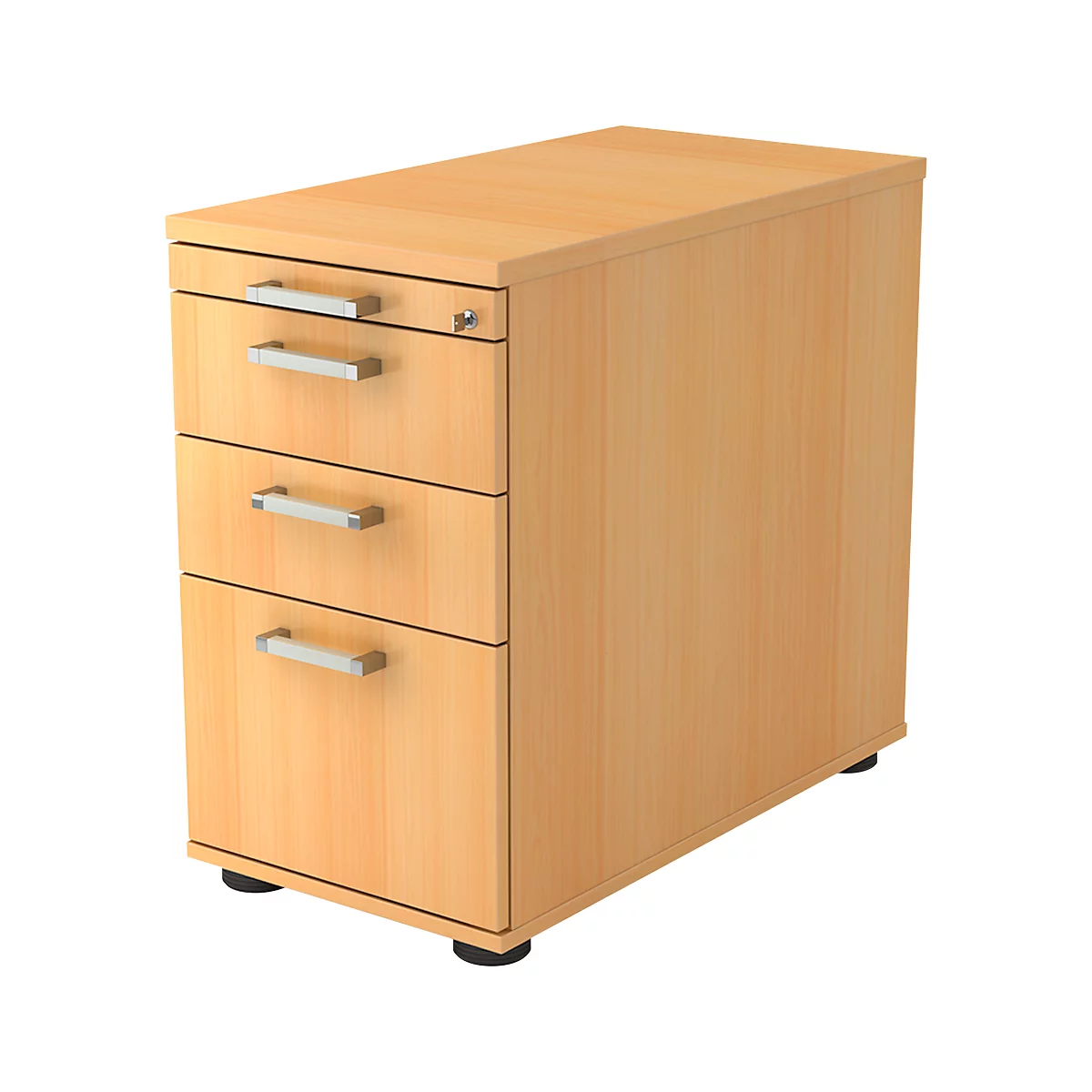 Beige wooden pedestal with three drawers and silver handles. Standing on a black base.