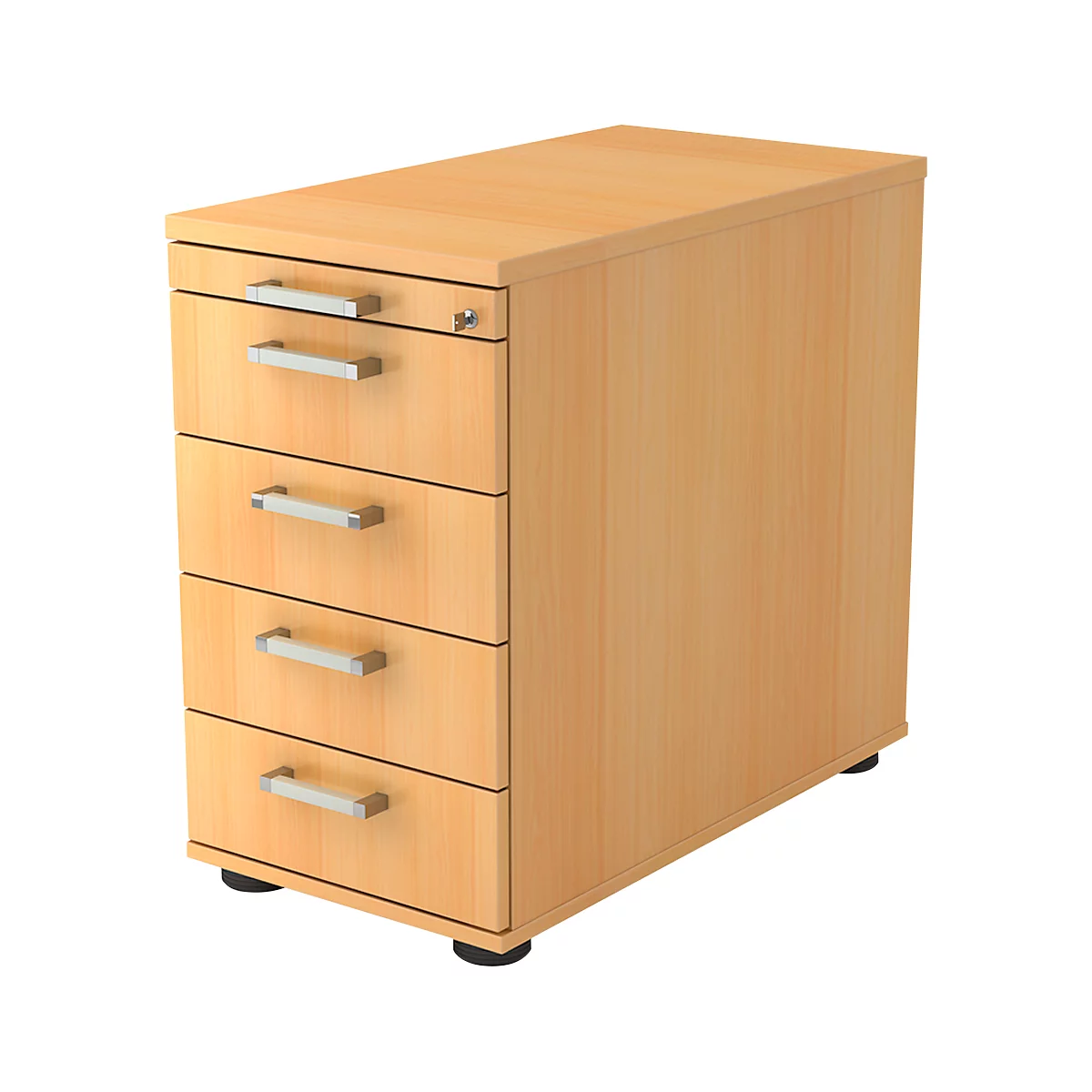 Beige wooden cabinet with four drawers, silver handles and a keyhole.