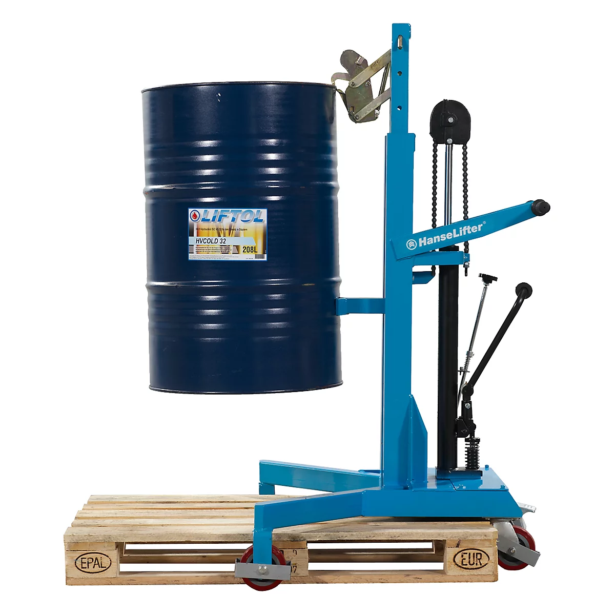 Blue drum lifter with blue drum on pallet. The lifter has the lettering 'HanseLifter'.