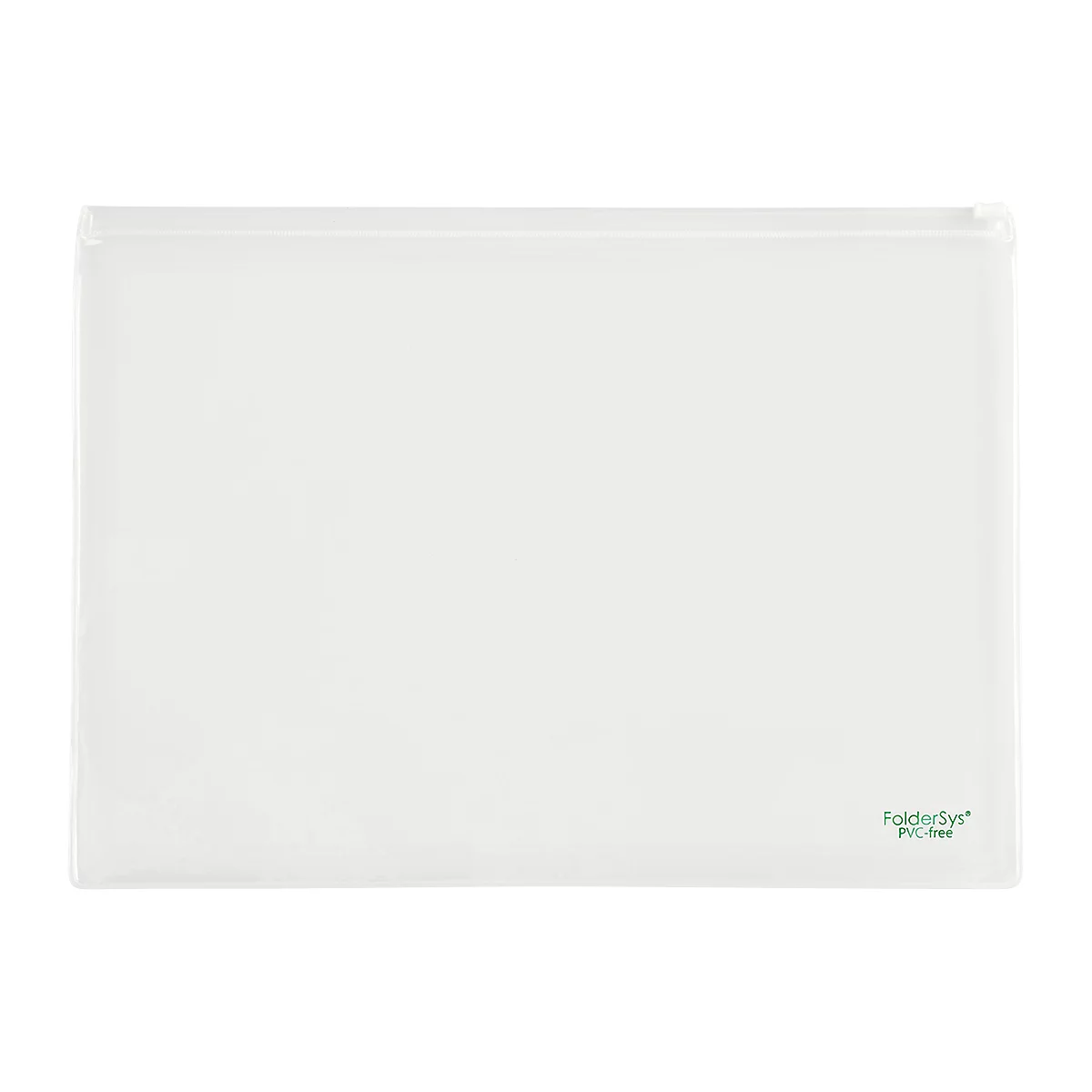 Durchsichtige, weiße Dokumentenmappe mit grünem Logo, die mit „FolderSys PVC-frei“ beschriftet ist.