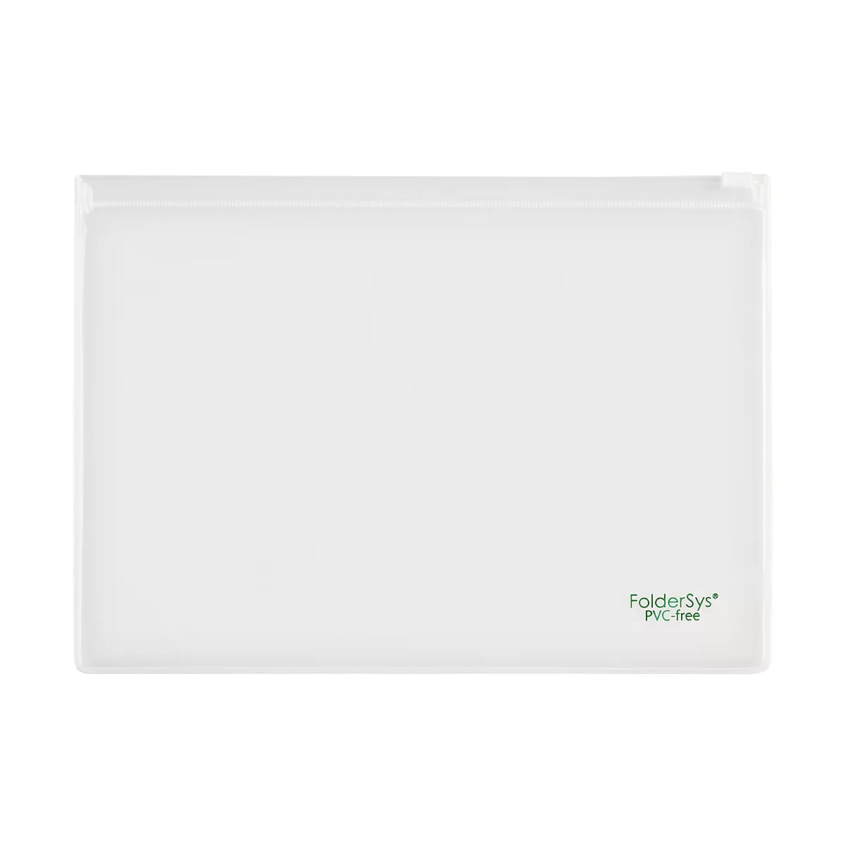 Transparente, rechteckige Dokumententasche mit Schriftzug "FolderSys PVC-free".