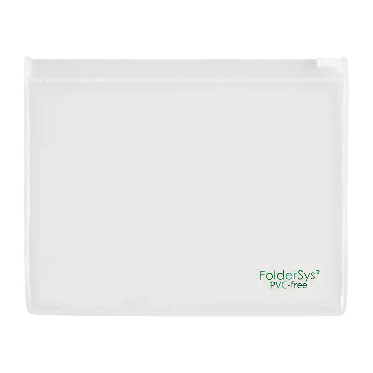 Weißes, durchsichtiges Etui mit Reißverschluss. Auf der rechten unteren Ecke steht in grüner Schrift "FolderSys PVC-free".