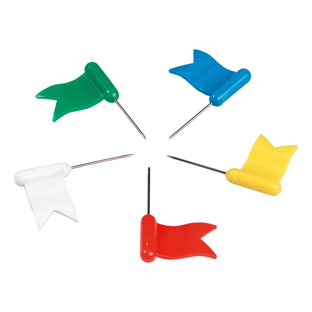 Five colorful flag push pins arranged in a circle on a white background.