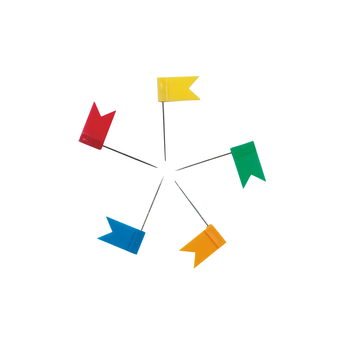 Five colored flag pins, arranged like petals. Red, yellow, green, blue and orange.