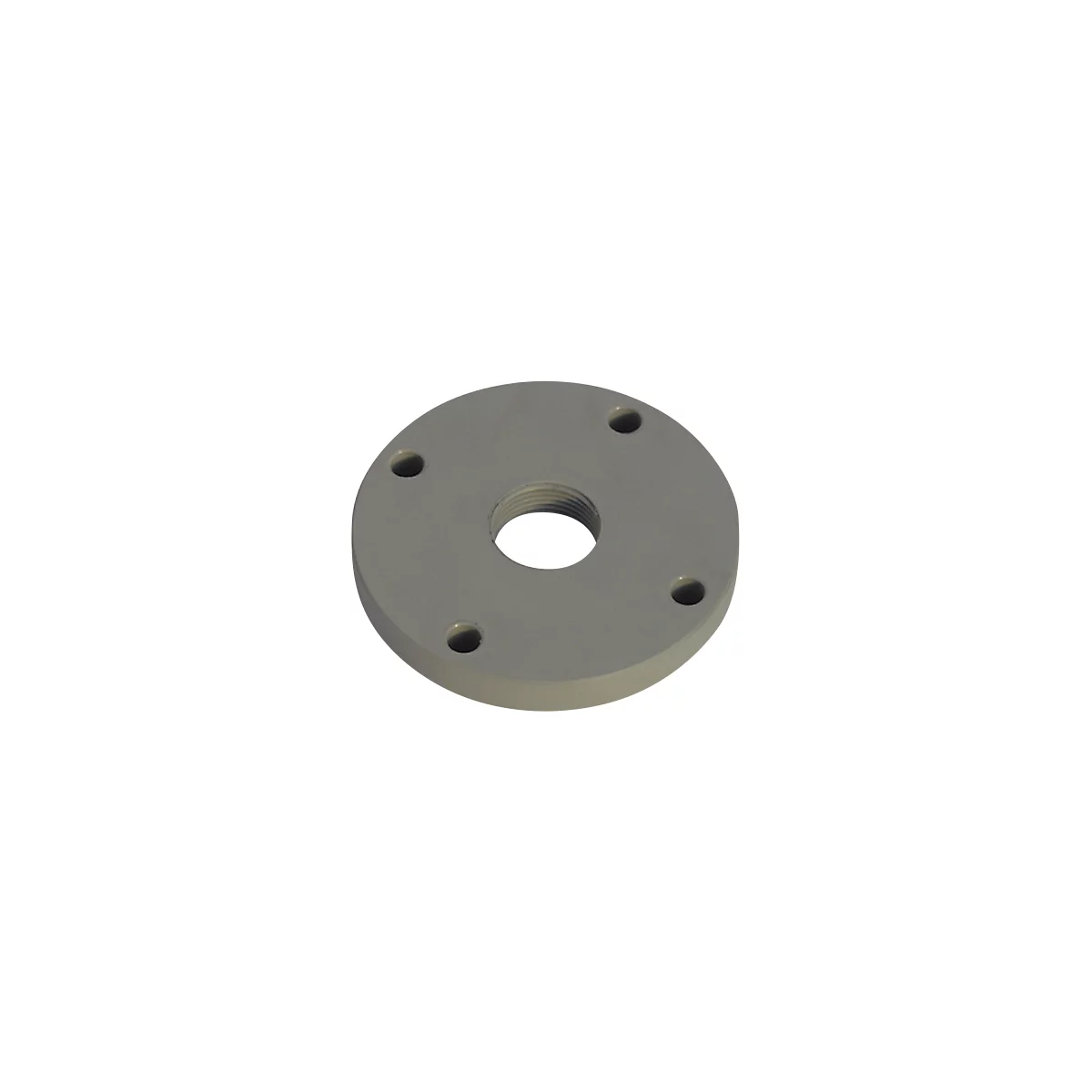 Grey, round metal plate with four holes and a thread in the middle.