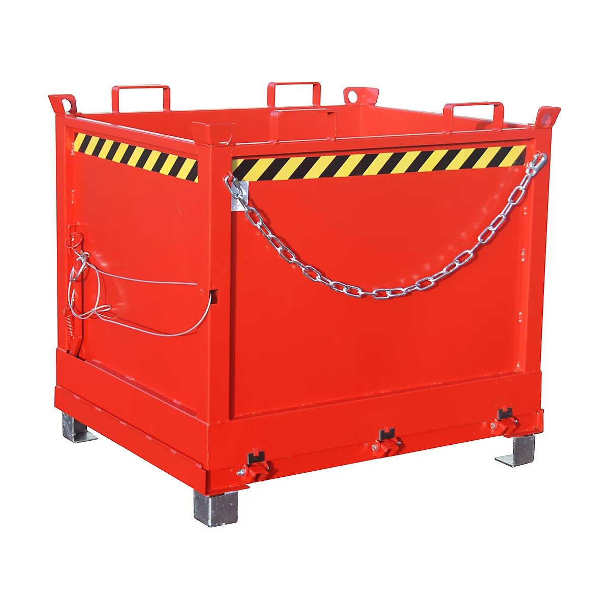 Red metal container with safety chain and handles.