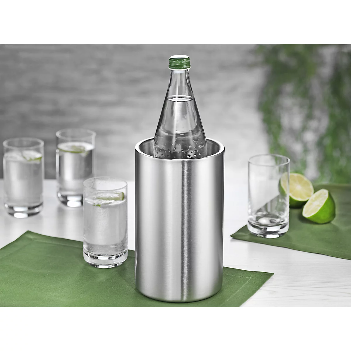 Flaschenkühler Caterado MIAMI, rund, doppelwandig, für Flaschen mit Dicke bis 105 mm, spülmaschinenfest, Ø 120 x H 195 mm, Edelstahl gebürstet, silber