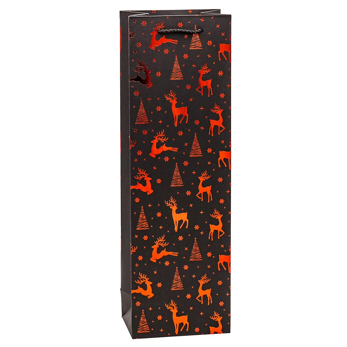 Schwarze Weintasche mit orangefarbenem Rentier- und Tannenbaum-Muster, schwarzer Griff.