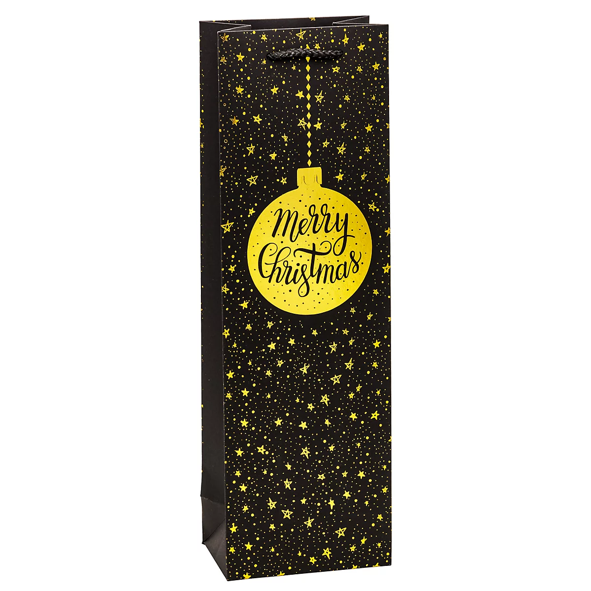 Schwarze Geschenkverpackung mit goldenen Sternen und Christbaumkugel, Schriftzug: Merry Christmas.