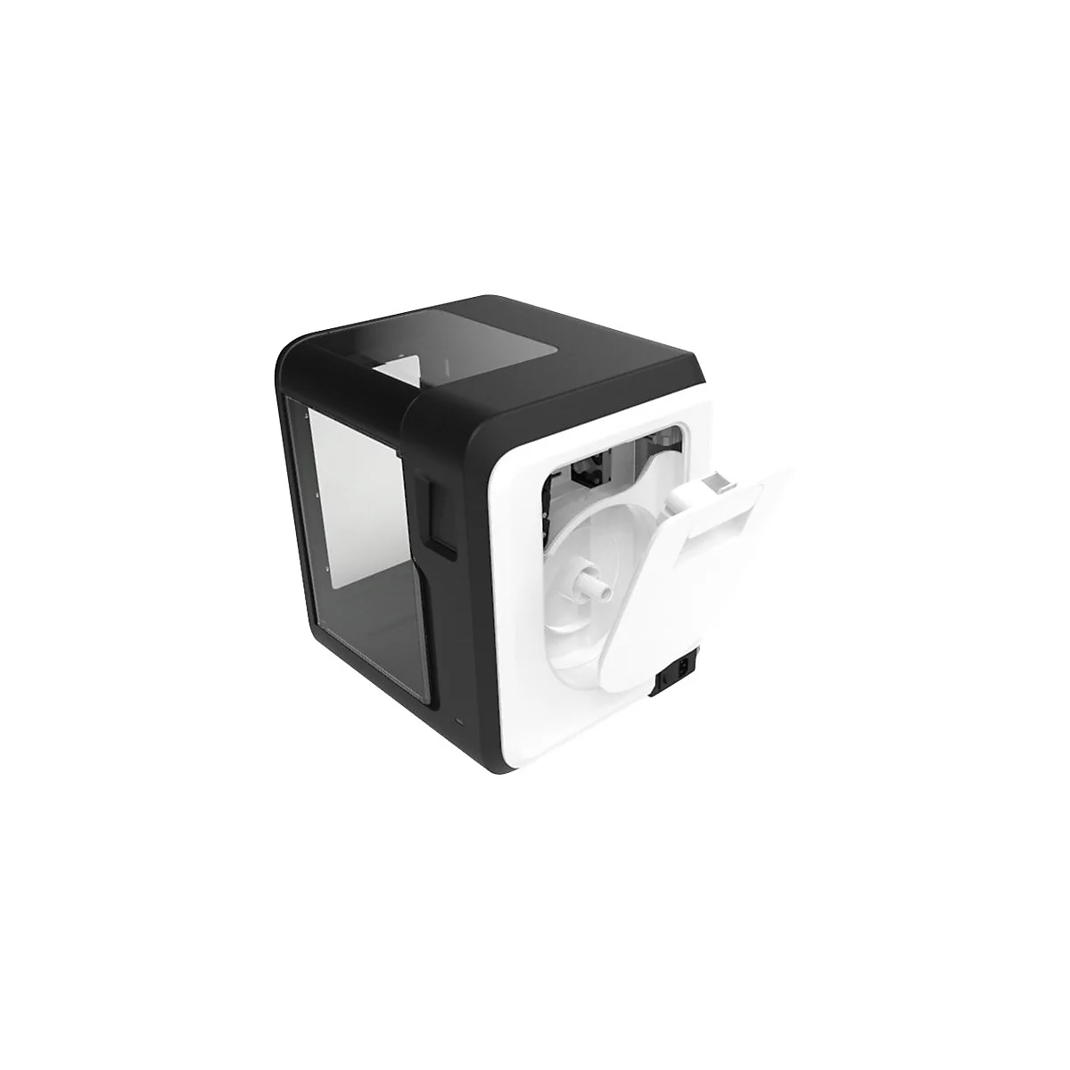Kompakter 3D-Drucker in Schwarz und Weiß mit geöffneter Seitenklappe für die Filamentrolle.