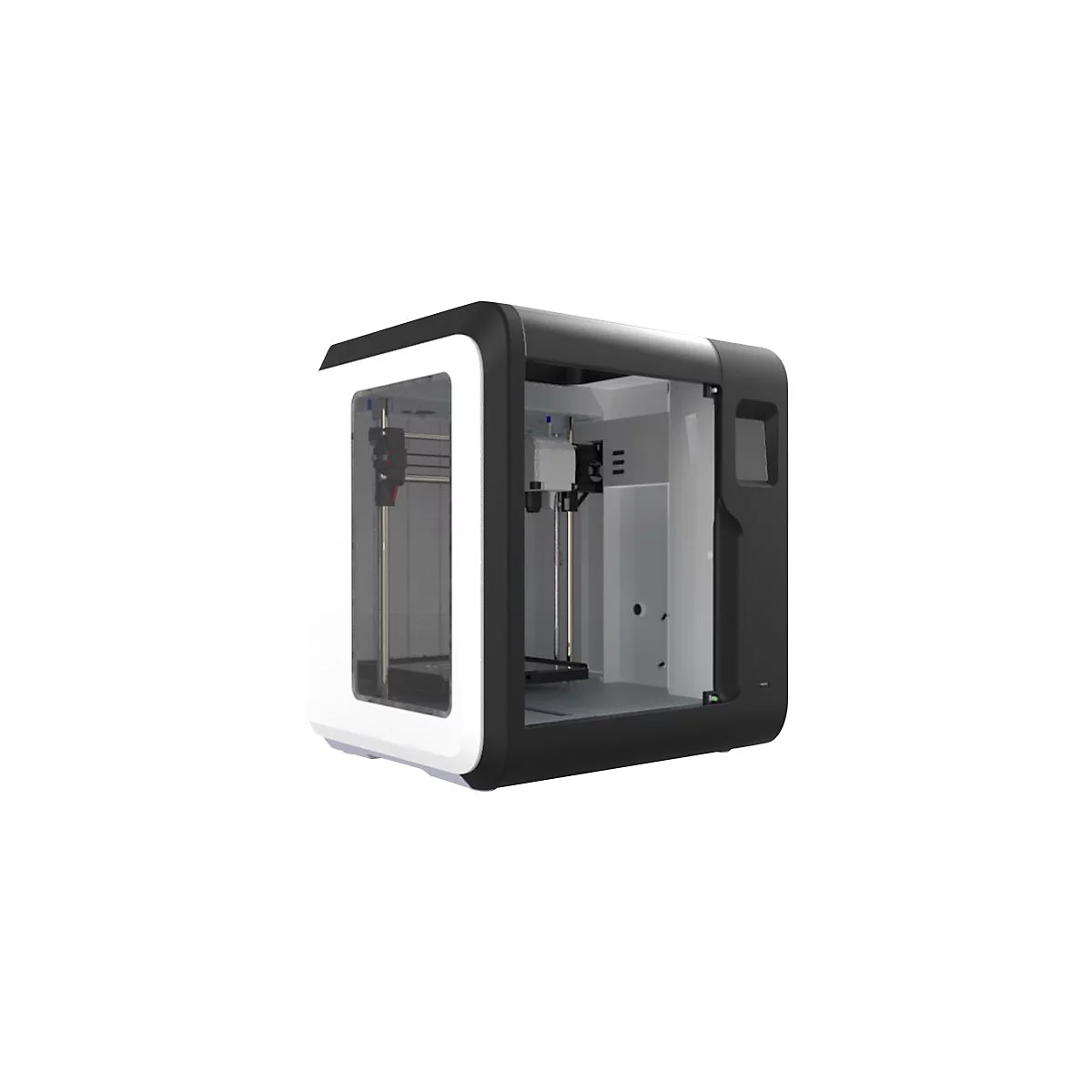 Kompakter 3D-Drucker mit schwarz-weißem Gehäuse und Sichtfenster vor neutralem Hintergrund.