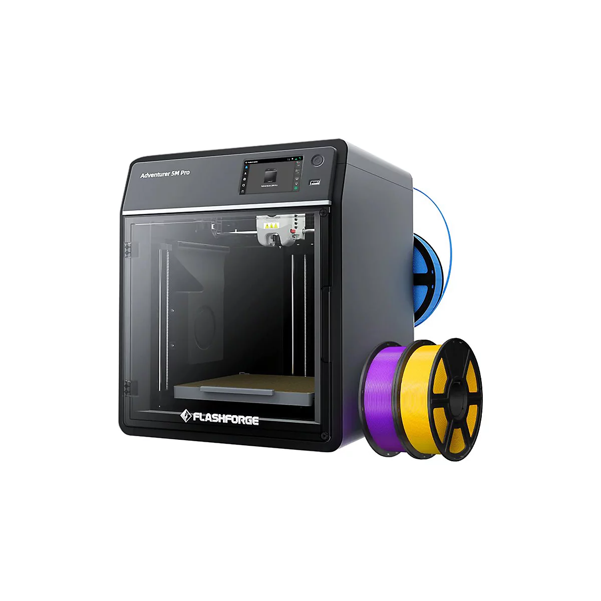 Schwarzer 3D-Drucker Flashforge Adventurer 5M Pro mit Filamentrollen in Lila, Gelb und Blau.