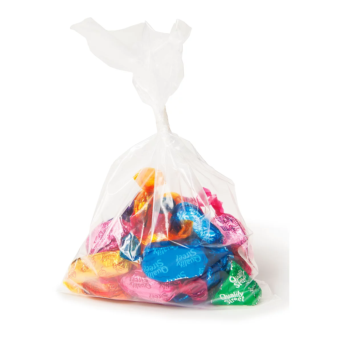 A bag full of Quality Street chocolates. Various colours, with the lettering.