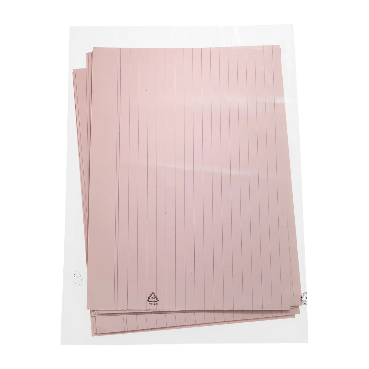 A stack of pink, lined paper. A recycling symbol is depicted on one sheet.