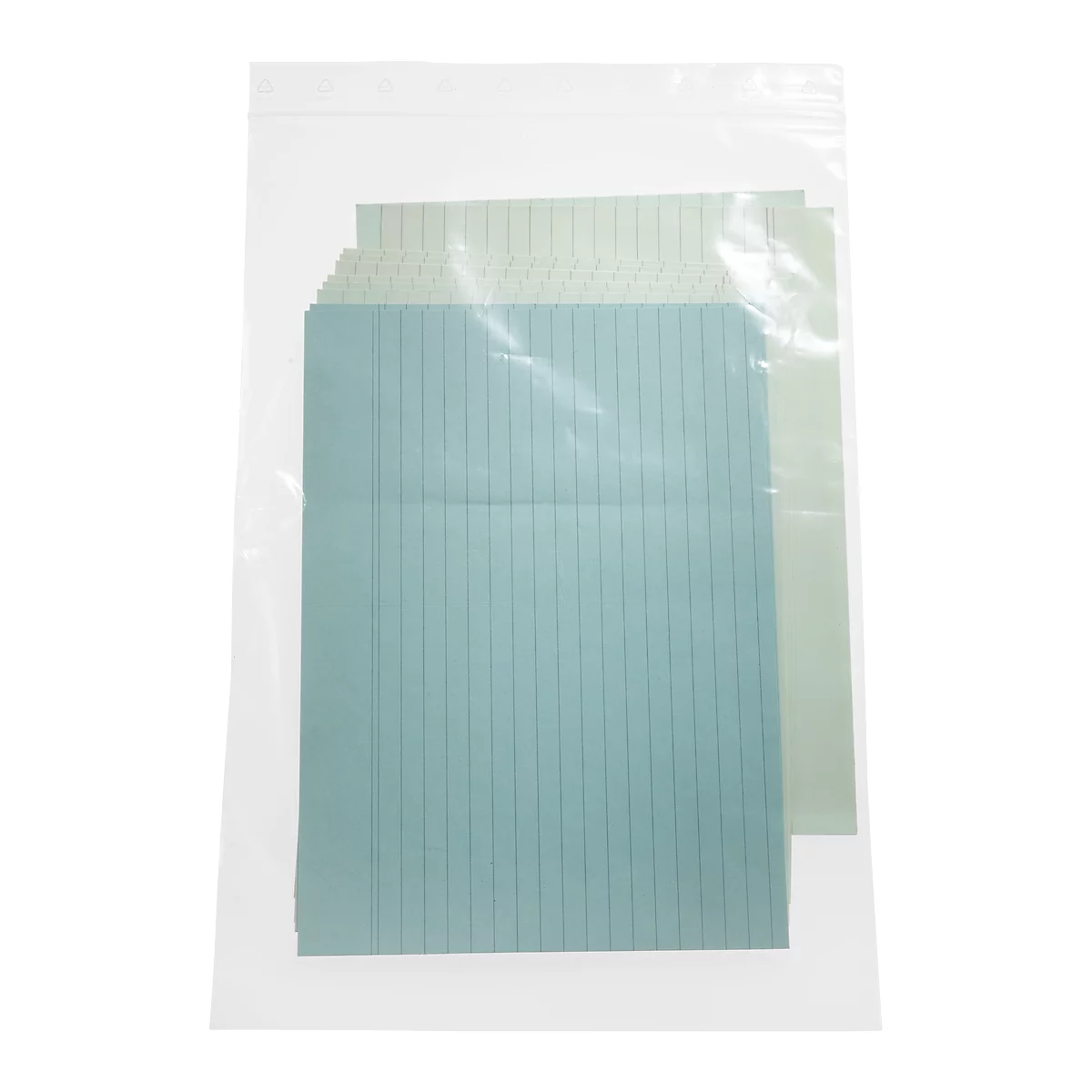 Pack of sheets in clear plastic sleeve. Blue and green lined sheets.