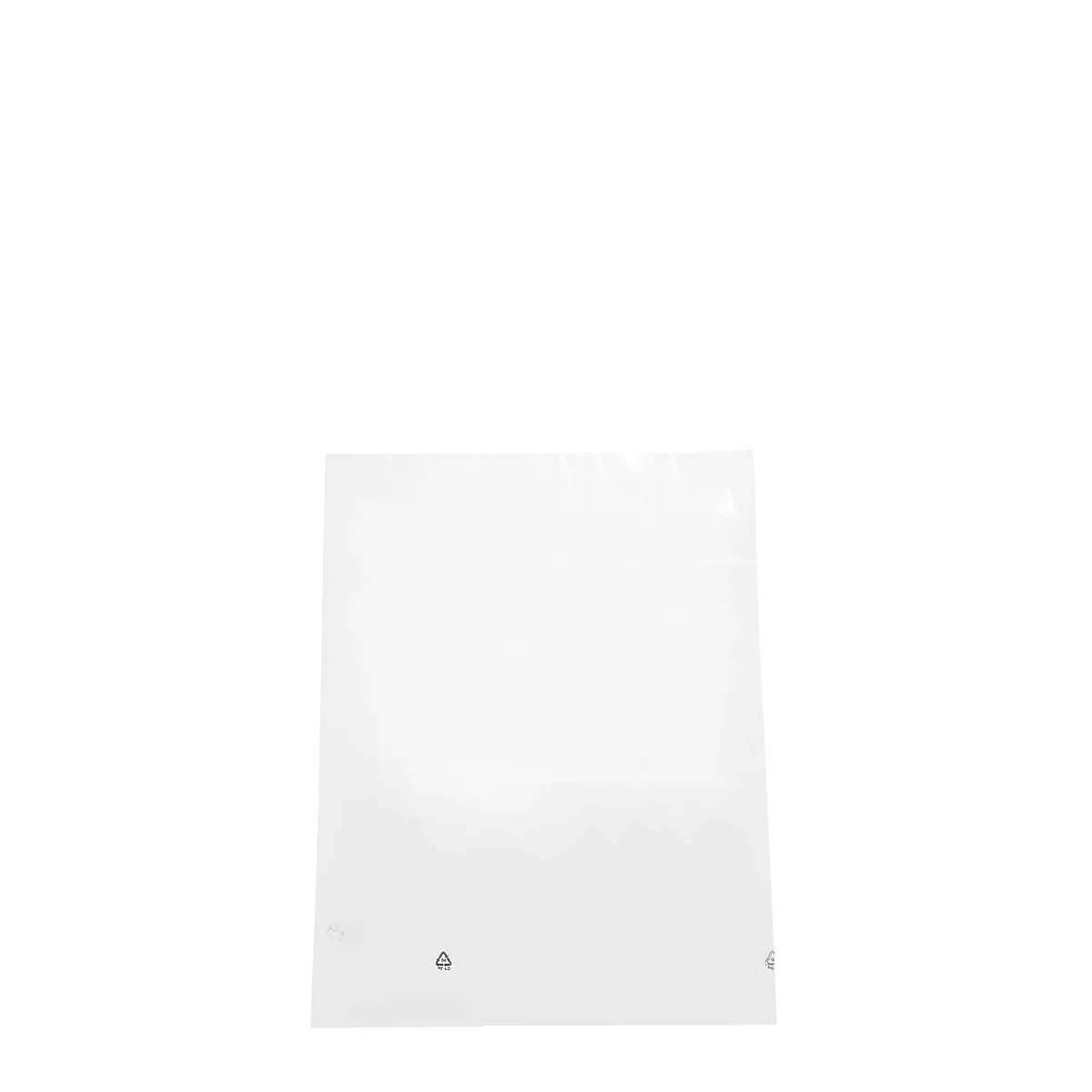 White transparent bag on white background. Small symbols at the bottom.