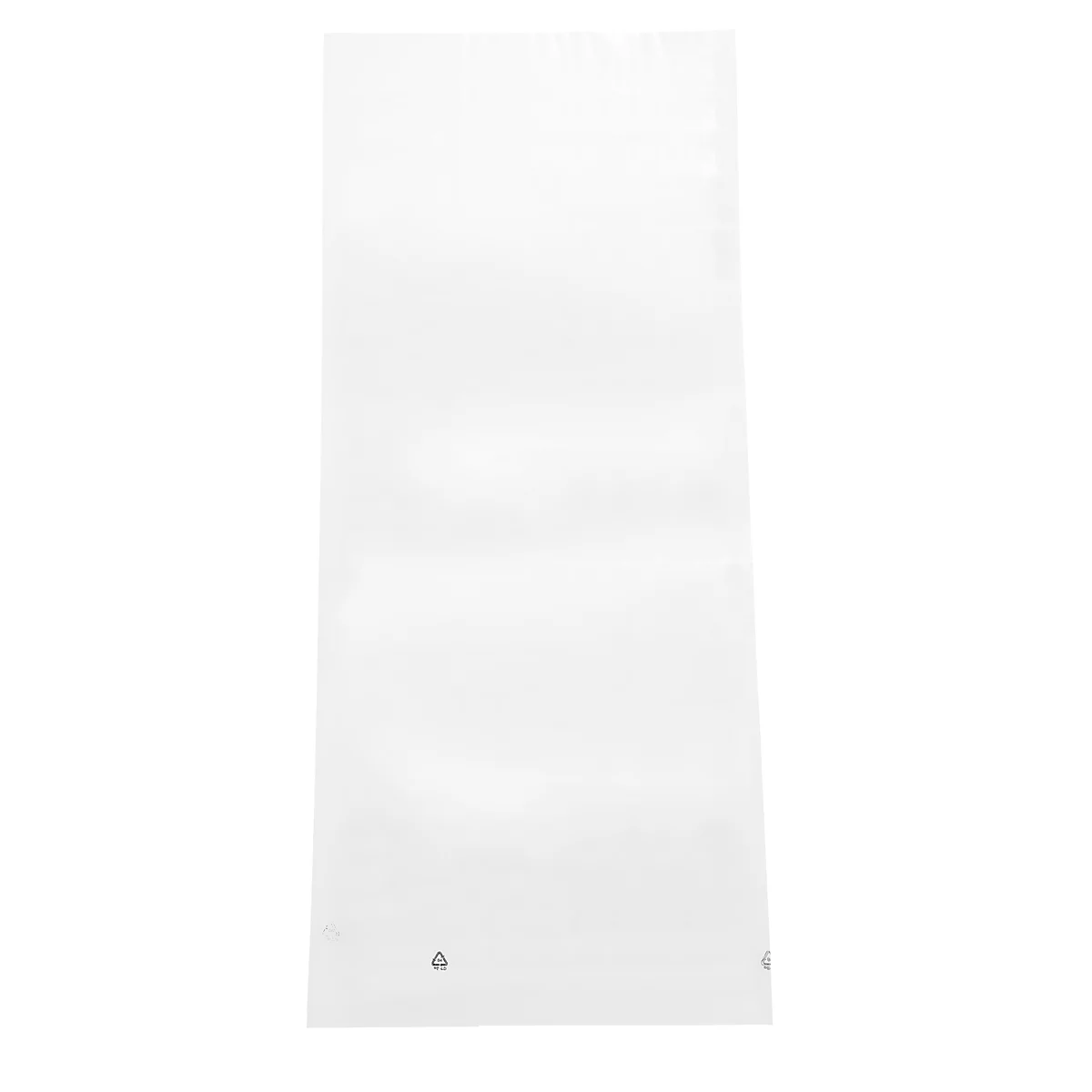 A rectangular white plastic bag with gray symbols on the bottom.
