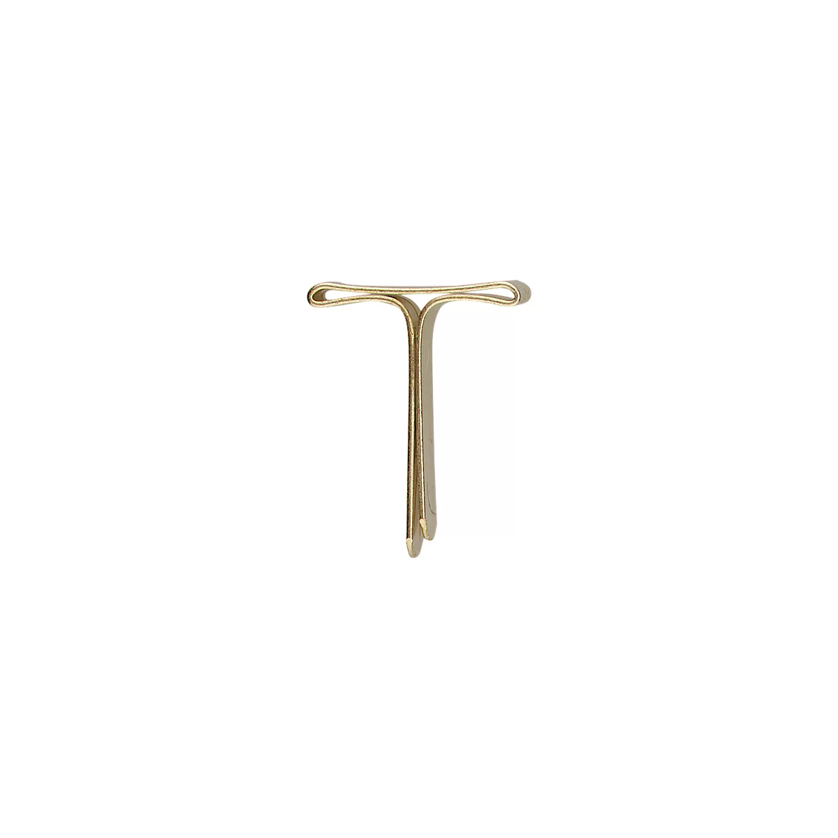 Gold-colored tie clip in a T-shape, detailed close-up. The clip has a slightly curved form.