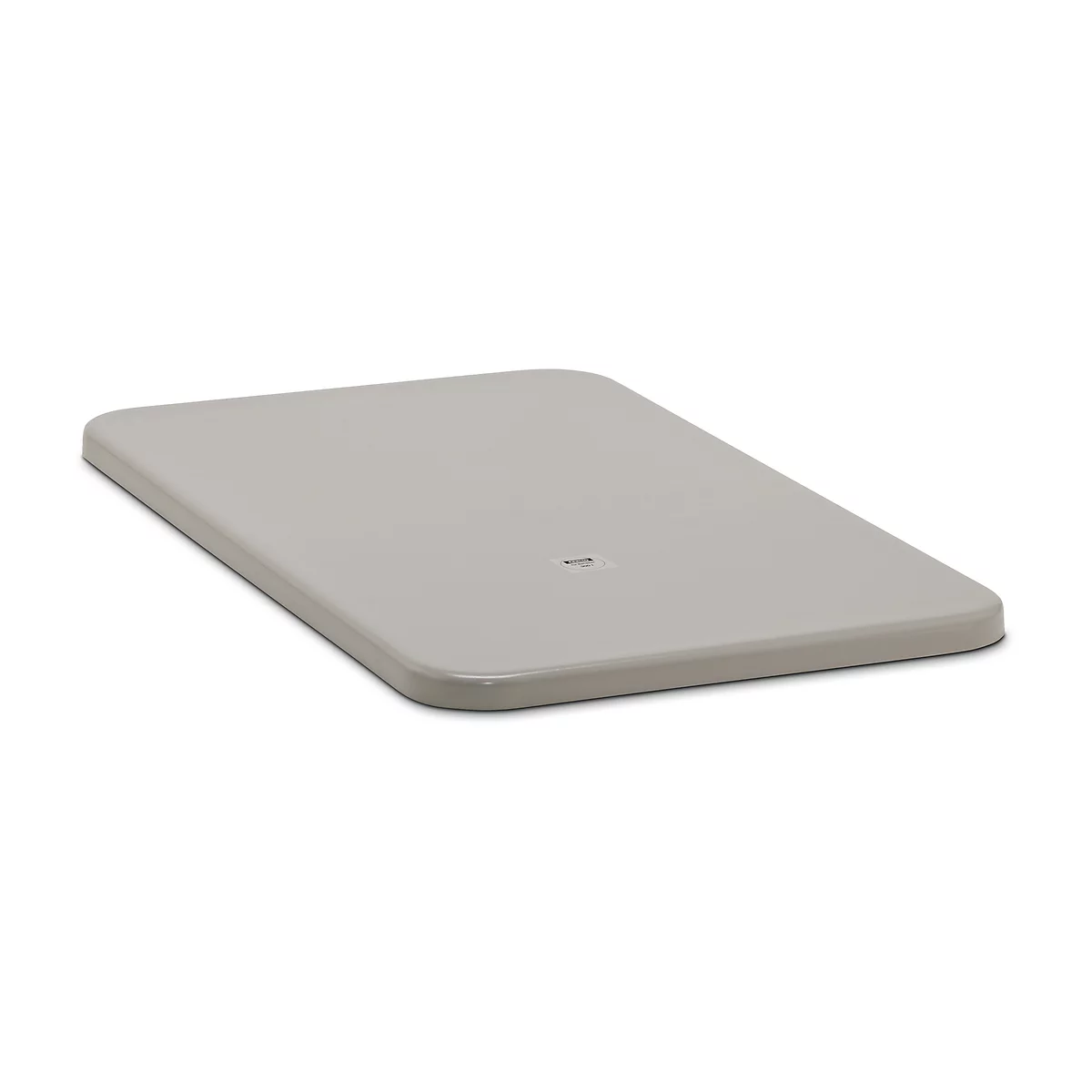 Gray, rectangular mat with rounded edges. A small, dark detail is in the middle.
