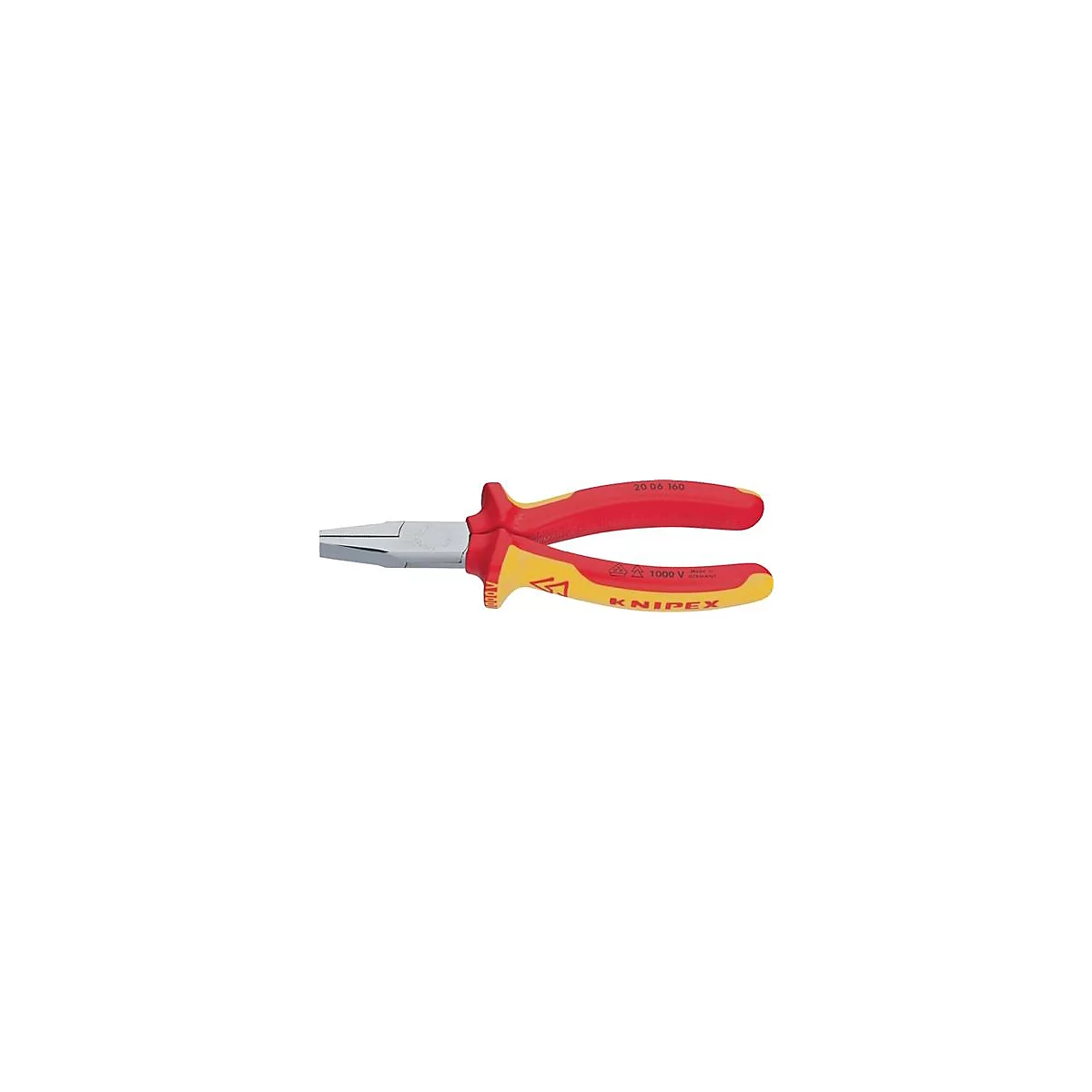 Knipex pliers with red and yellow handles, silver pliers head, text: "1000 V KNIPEX".
