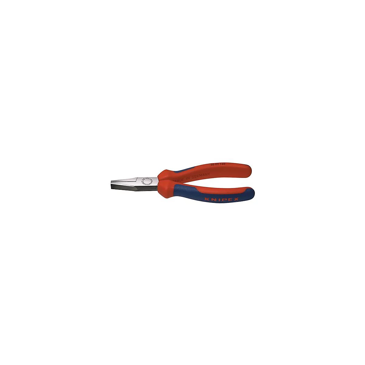Flat-nose pliers with red and blue handles, showing "KNIPEX" and "MADE IN GERMANY".