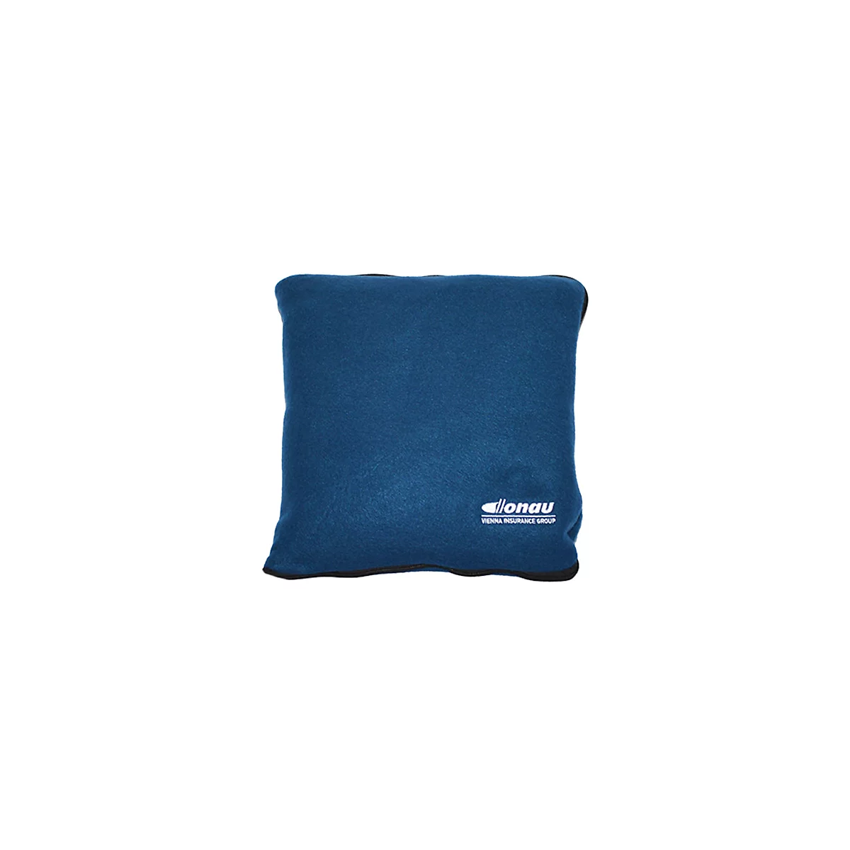 Blaues Kissen mit schwarzem Rand und Logo 'donau Vienna Insurance Group'.
