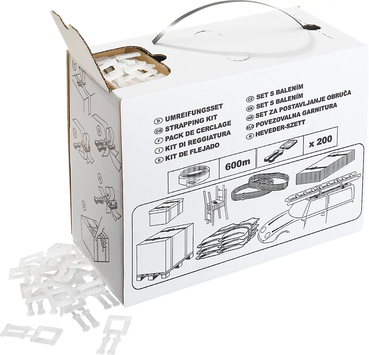 Fleje de plástico 600 m 12,0 x 0,55 mm + 200 hebillas en caja dispensadora de cartón