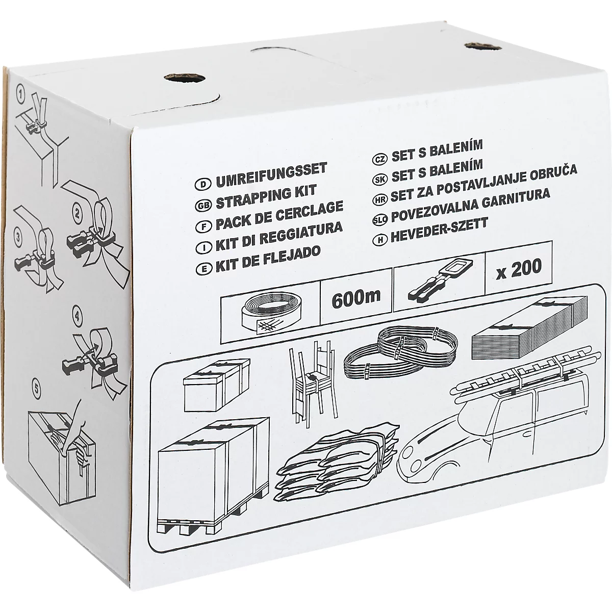 Fleje de plástico 600 m 12,0 x 0,55 mm + 200 hebillas en caja dispensadora de cartón