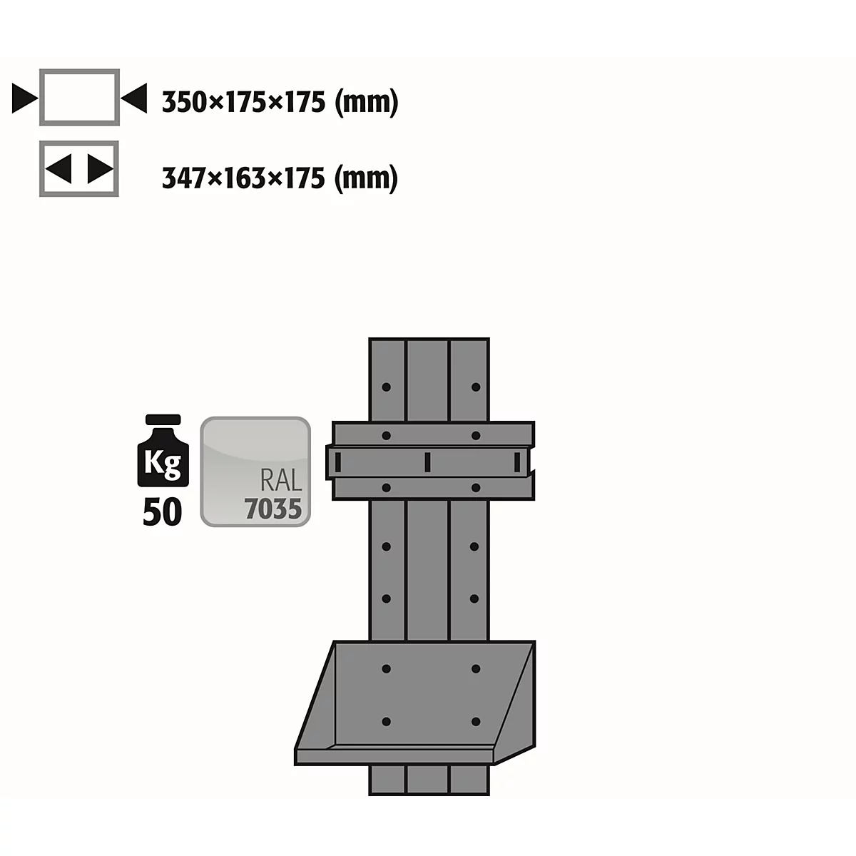 Flessenhouder zijdelings en in hoogte verstelbaar voor asecos gasflessenkasten, plaatstaal, lichtgrijs, B 350 x D 175 x H 175 mm, tot 75 kg