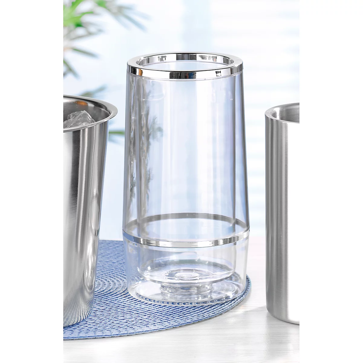 Flessenkoeler, buitenzijde H 225 x ø 115 mm, binnenzijde H 180 x ø 97 mm, dubbelwandig, verchroomde rand, kunststof, zilver-transp.